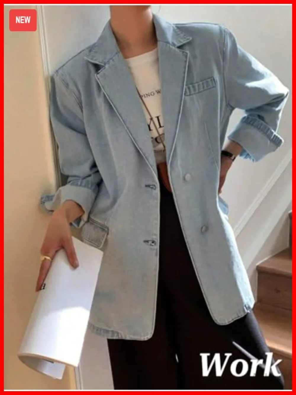 Women's Open Front Denim Blazer Jacket Lightweight Casual Blazer
